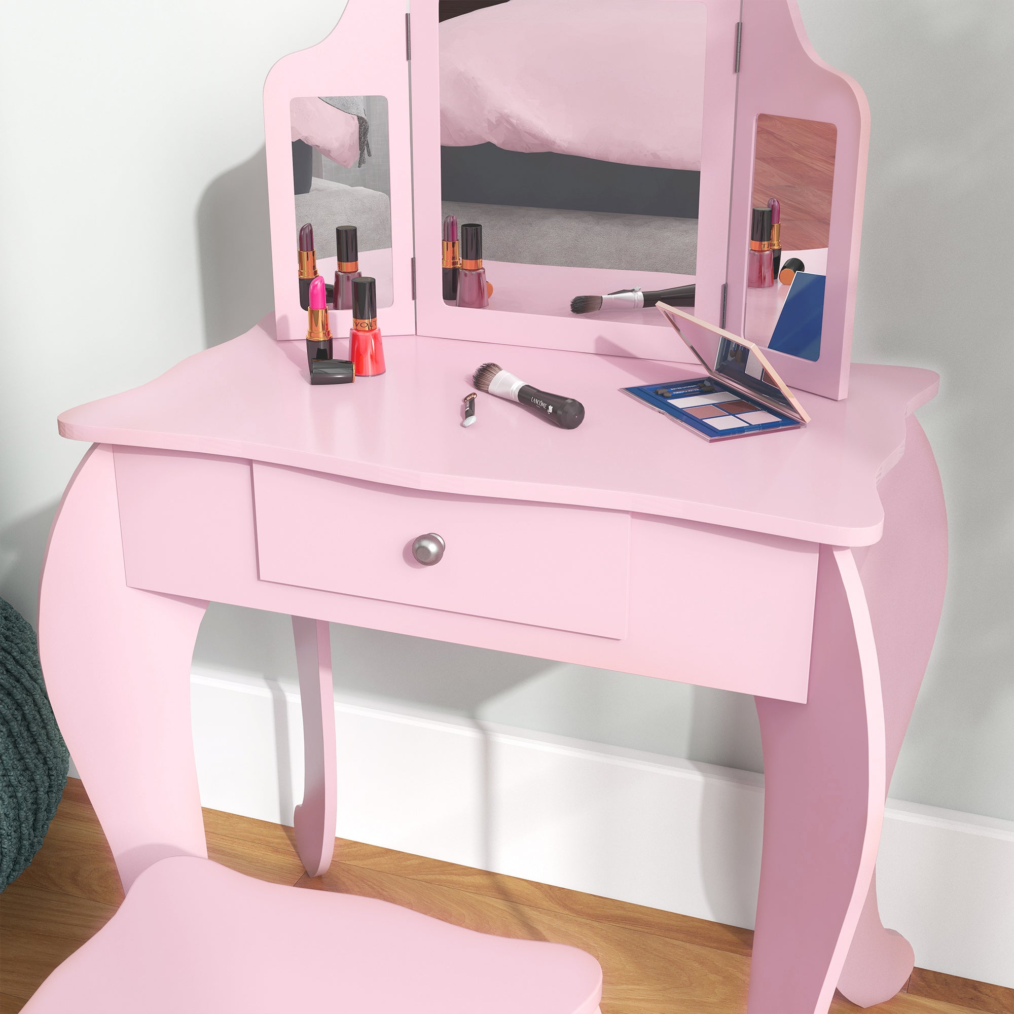 Fynco - Kids Vanity Table and Chair Set with Tri-Folding Mirror and Stool, Makeup Dressing Table with Drawer, Pink