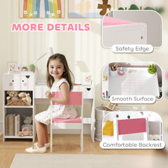 AIYAPLAY Rabbit-Themed Kids Desk and Chair Set with Bookcase, Drawers, Shelves, for Ages 3-6 Years, Whtie/Pink