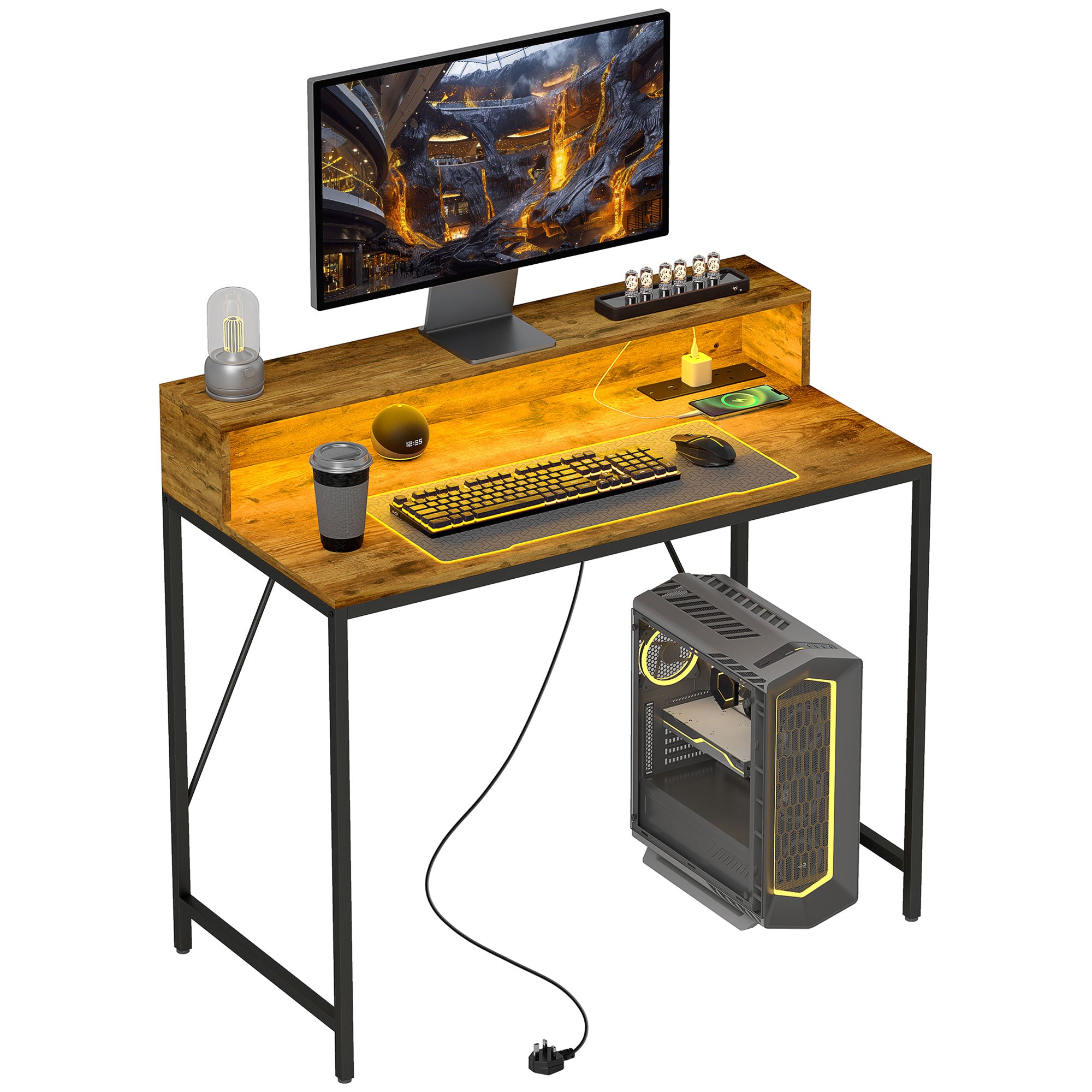 100cm Computer Desk with LED Lights and Power Outlets, Gaming Desk with Monitor Stand, Computer Table with Remote for Home Office Study, Rustic Brown
