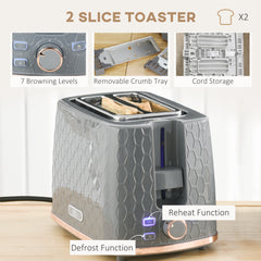 1.7L 3000W Fast Boil Kettle & 2 Slice Toaster Set, Kettle and Toaster Set with Auto Shut Off, Browning Controls, Grey