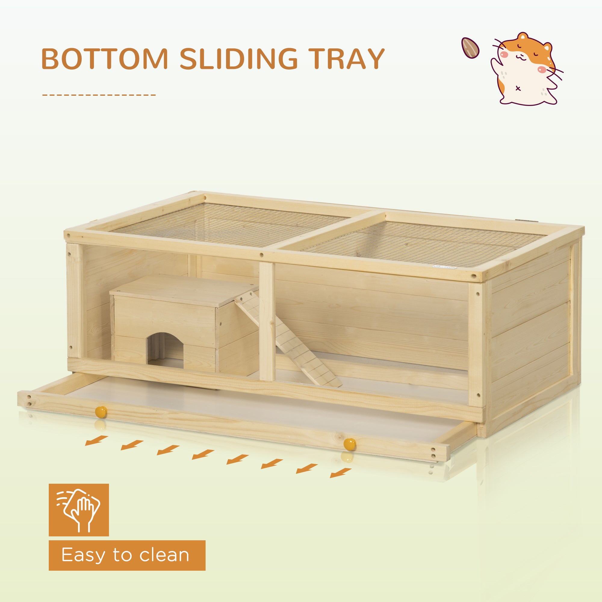 Wooden Hamster Cage with Sliding Tray, Openable Top, Hut for Syrian Hamster, Natural Wood Finish