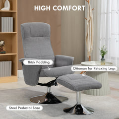 Fynco - Swivel Recliner Chair with Footstool, Velvet Recliner Armchair with Ottoman, Steel Base, Upholstered Reclining Chair for Living Room, Bedroom, Office, Grey