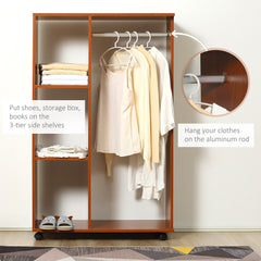 Open Wardrobe on Wheels, Bedroom Wardrobe with Clothes Hanging Rail, 3 Storage Shelves, Mobile Garment Rack for Cloakroom, Hallway, Walnut