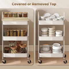 Fynco - 3-Tier Kitchen Storage Trolley with on Wheels Cover Top Board - White and Oak