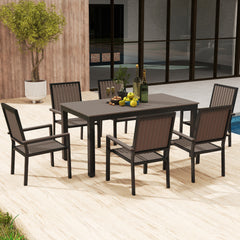 6 Seater Garden Dining Set with Stackable Chairs, Aluminium Frame, Rectangular Plastic Top, Garden Furniture Set, Outdoor Dining Table and Chairs for Patio, Balcony, Poolside, Brown