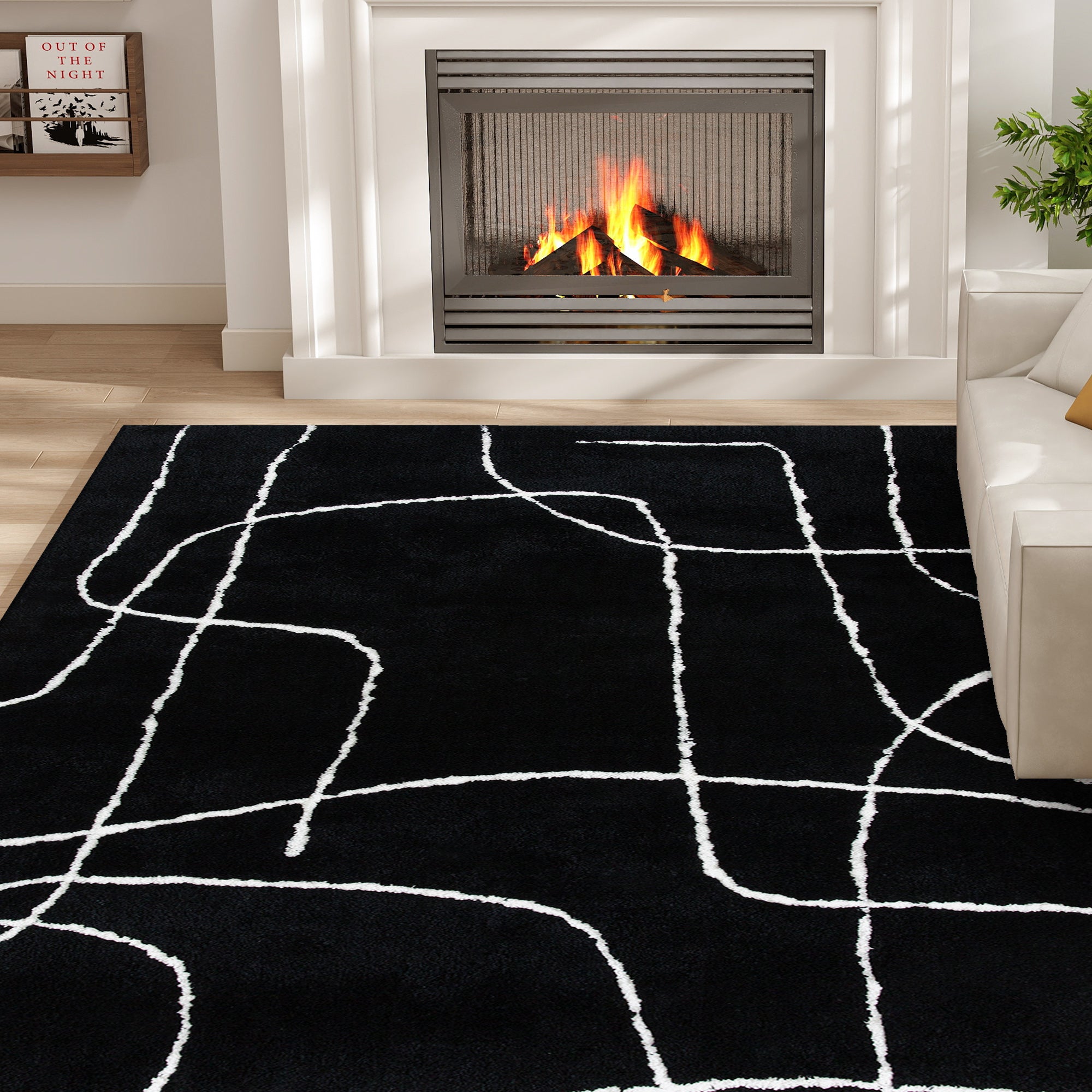Fynco - Modern Fluffy Area Rug, Geometric Pattern Washable Rug, Soft High Pile Floor Carpet for Living Room, Bedroom, Dining Room, Home Office, 170 x 120 cm, Black