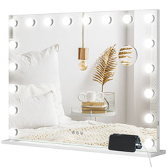 Hollywood Vanity Mirror with Lights, Large 80x62 cm Lighted Makeup Mirror with 3 Colour, 18 LED Bulbs, 10X Magnifying, USB Charging Port, Touch Screen, Tabletop or Wall Mounted Design, White