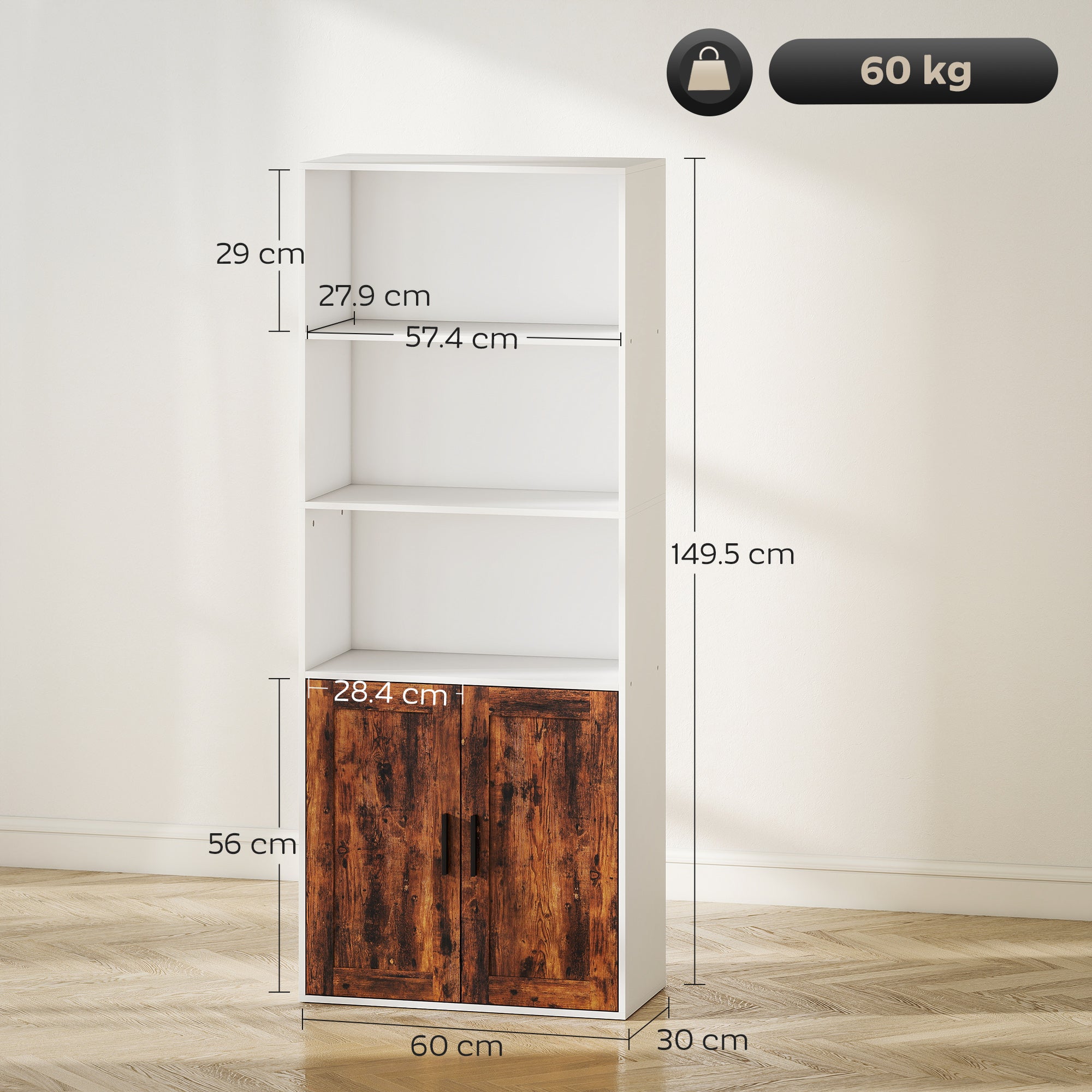 Fynco - 5-Tier Bookcase with Adjustable Shelf - Rustic Brown