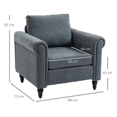 Vintage Accent Chair, Upholstered Occasional Chair with Back Pillow, Rolled Arms, Rubber Wood Legs, Grey