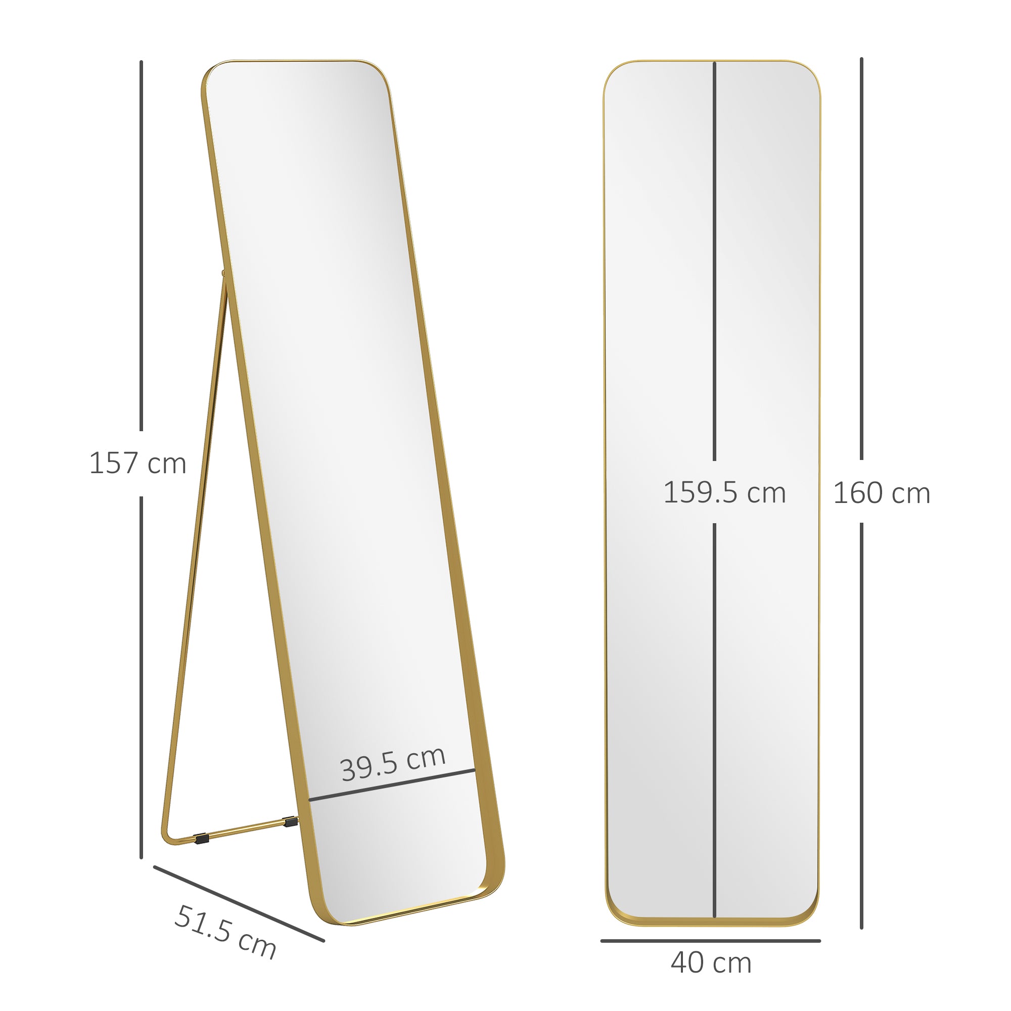 40 x 160 cm Rectangular Full Length Mirror - Gold Tone