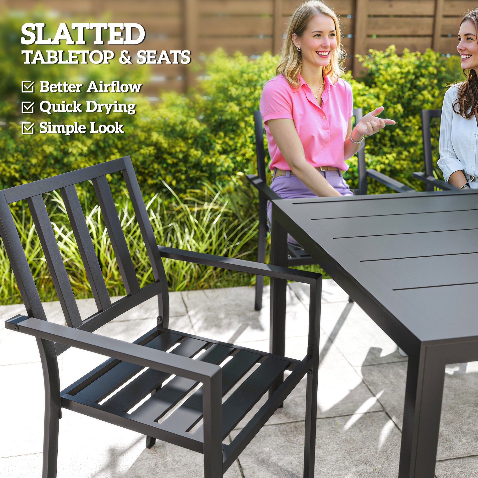 Seven-Piece Minimal Metal Garden Dining Set, with Parasol Hole - Black