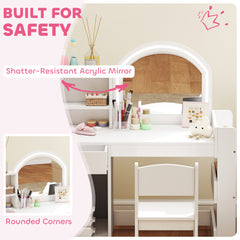 AIYAPLAY Kids Vanity Table and Chair Set, Girls Dressing Table with 2-Colour LED Mirror, Stool, Cabinet, Drawer, Shelves, White