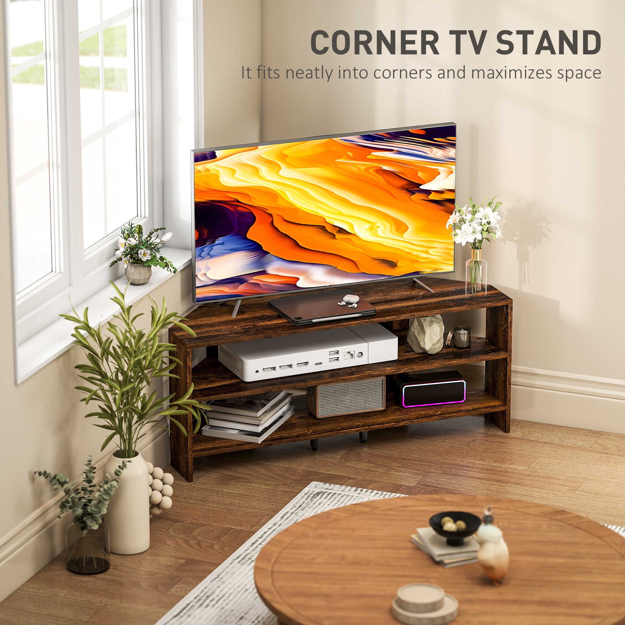 Corner TV Stand with 2 Open Shelves for 47 Inch TV - Rustic Brown