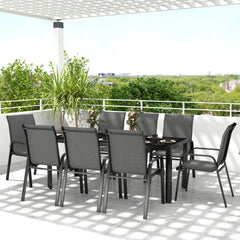 8 Seater Garden Dining Set with Stacking Chairs, Rectangular Tempered Glass Top, Garden Furniture Set, Outdoor Dining Table and Chairs for Patio, Balcony, Poolside, Dark Grey
