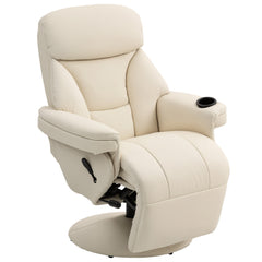 Fynco - Manual Recliner Chair with Footrest, Upholstered Reclining Armchair with Adjustable Backrest and Cup Holder, PU Leather Swivel Chair for Living Room, Bedroom, Cream White
