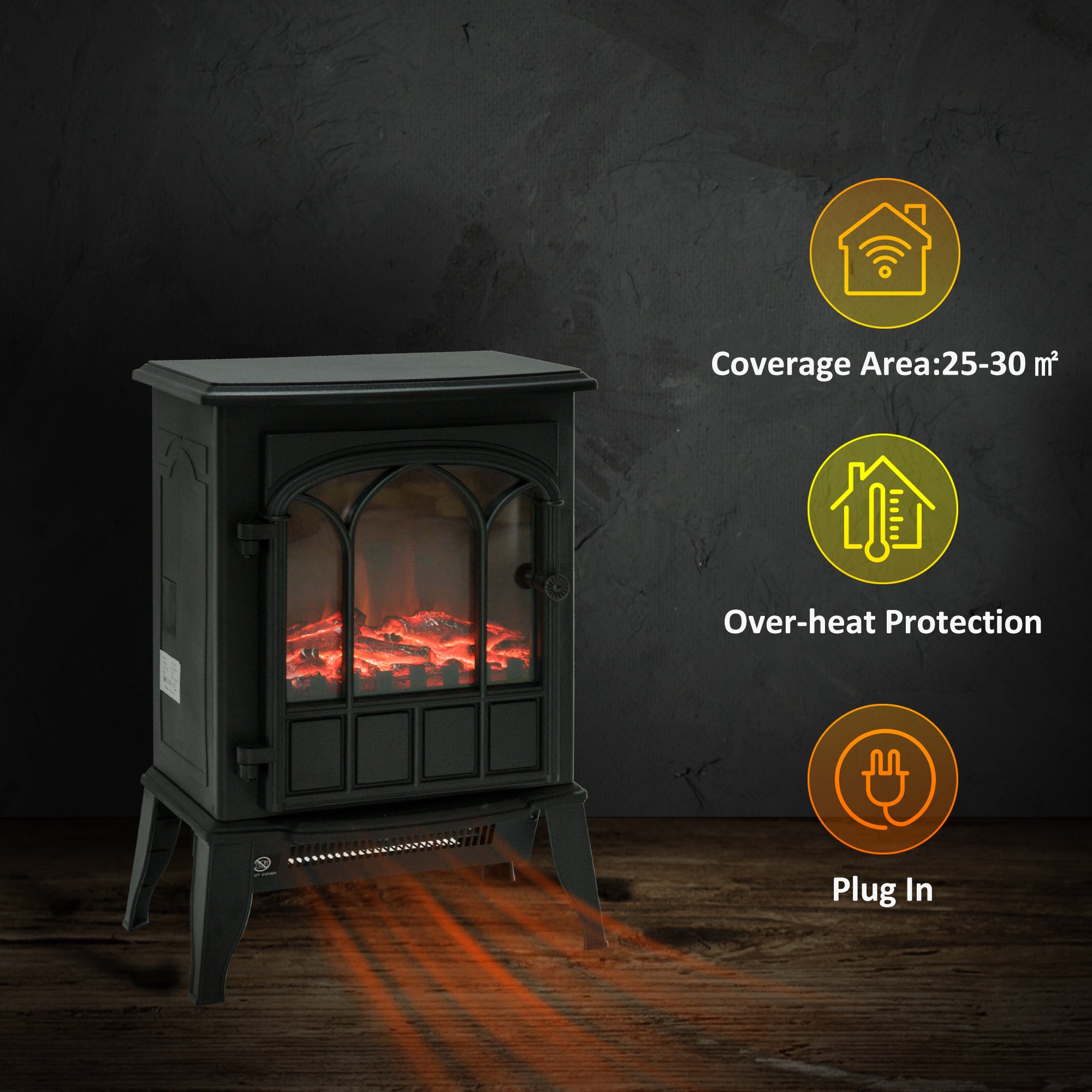 Fynco - Freestanding Electric Fireplace, Electric Stove Heater with LED Flame Effect, Overheating Safety System, 1000W/2000W Black