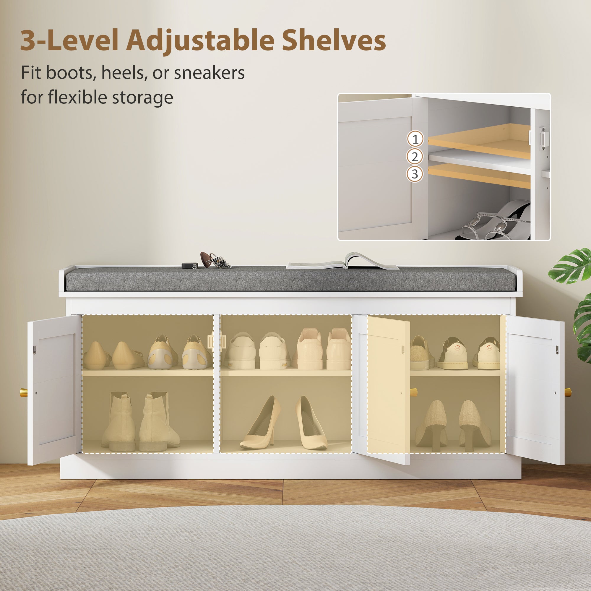 Fynco - Shoe Storage Bench with Woven Rattan Doors, Seat - White