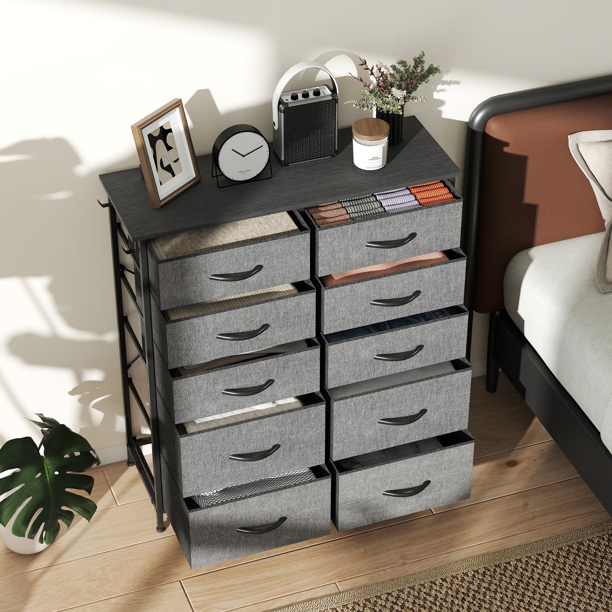 Chest of Ten Fabric Drawers - Charcoal Grey