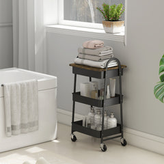 Fynco - 3-Tier Kitchen Storage Trolley with on Wheels Cover Top Board - Rustic Brown and Black