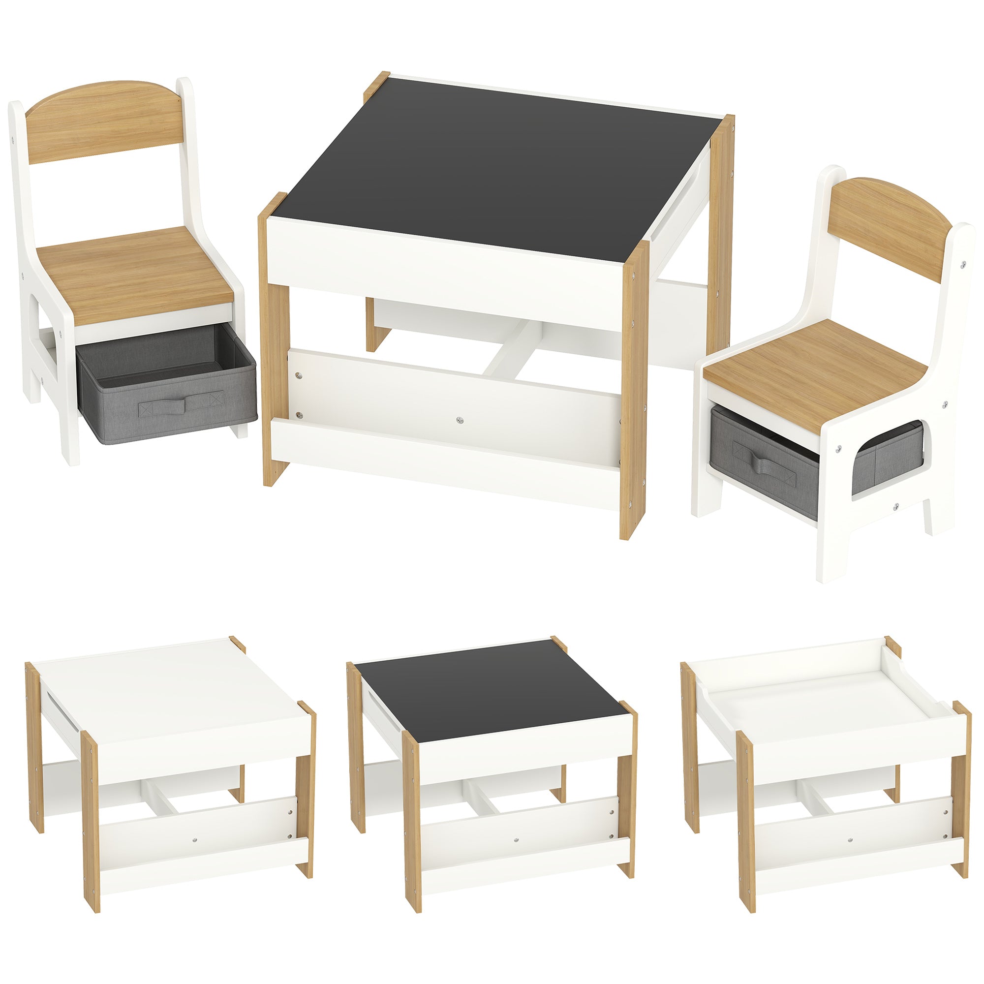 Three-Piece Kids Table and Chair Set with Blackboard, Storage, Bookshelves - Natural Wood
