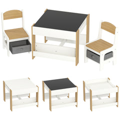Three-Piece Kids Table and Chair Set with Blackboard, Storage, Bookshelves - Natural Wood