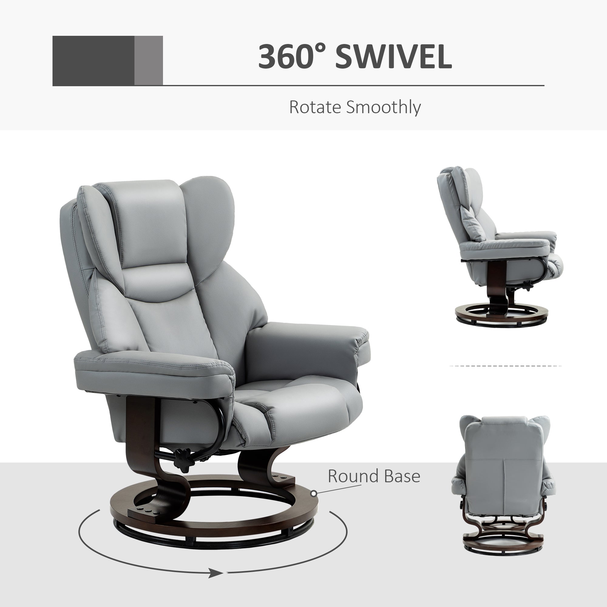 360° Swivel Recliner Chair with Footstool, PU Leather Manual Recliner Armchair with Solid Wood Base, Upholstered Reclining Chair for Living Room, Bedroom, Office, Light Grey