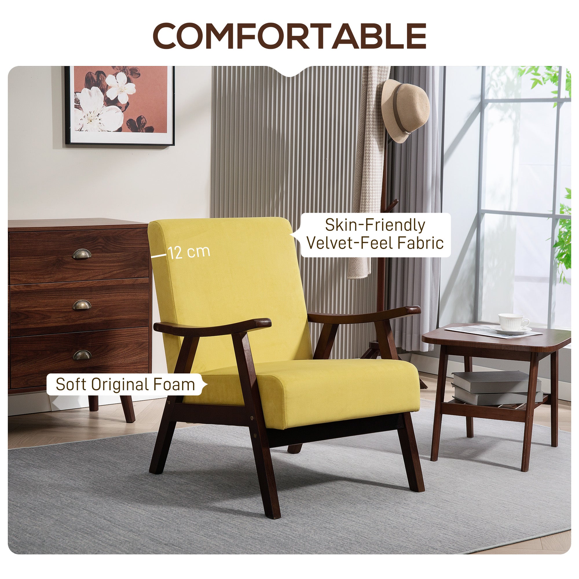 Nordic Accent Chair, Upholstered Velvet Armchair with Solid Wood Frame and Soft Thick Padded for Living Room, Bedroom, Champagne