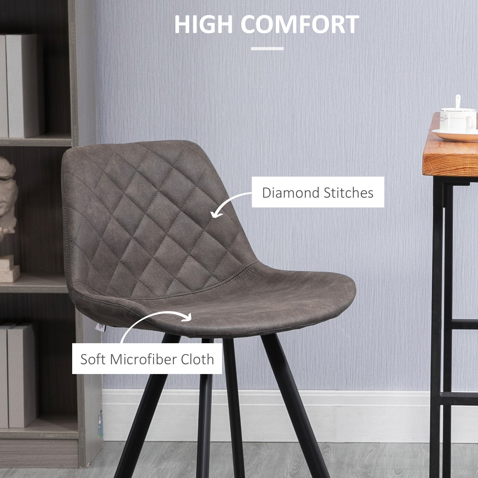 Set Of 2 Bar Stools Vintage Microfiber Cloth Tub Seats Padded Comfortable Steel Frame Footrest Quilted Home Bar Cafe Kitchen Chair Stylish Dark Grey