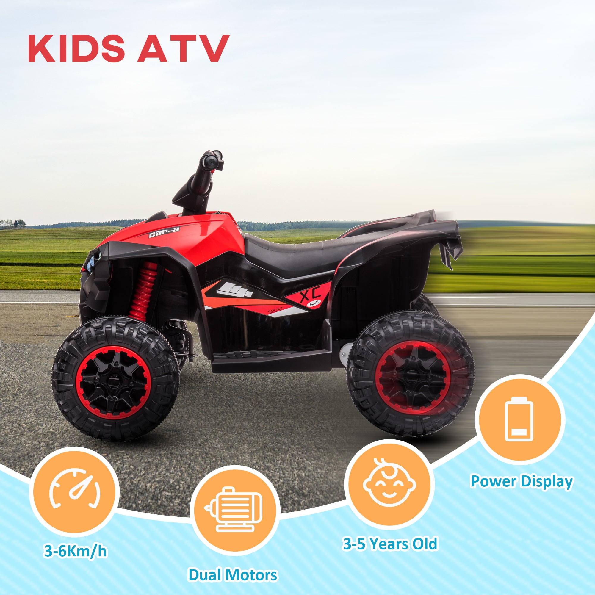 12V Ride-On Quad Bike w/ Music, Horn, for Ages 3-5 Years - Red
