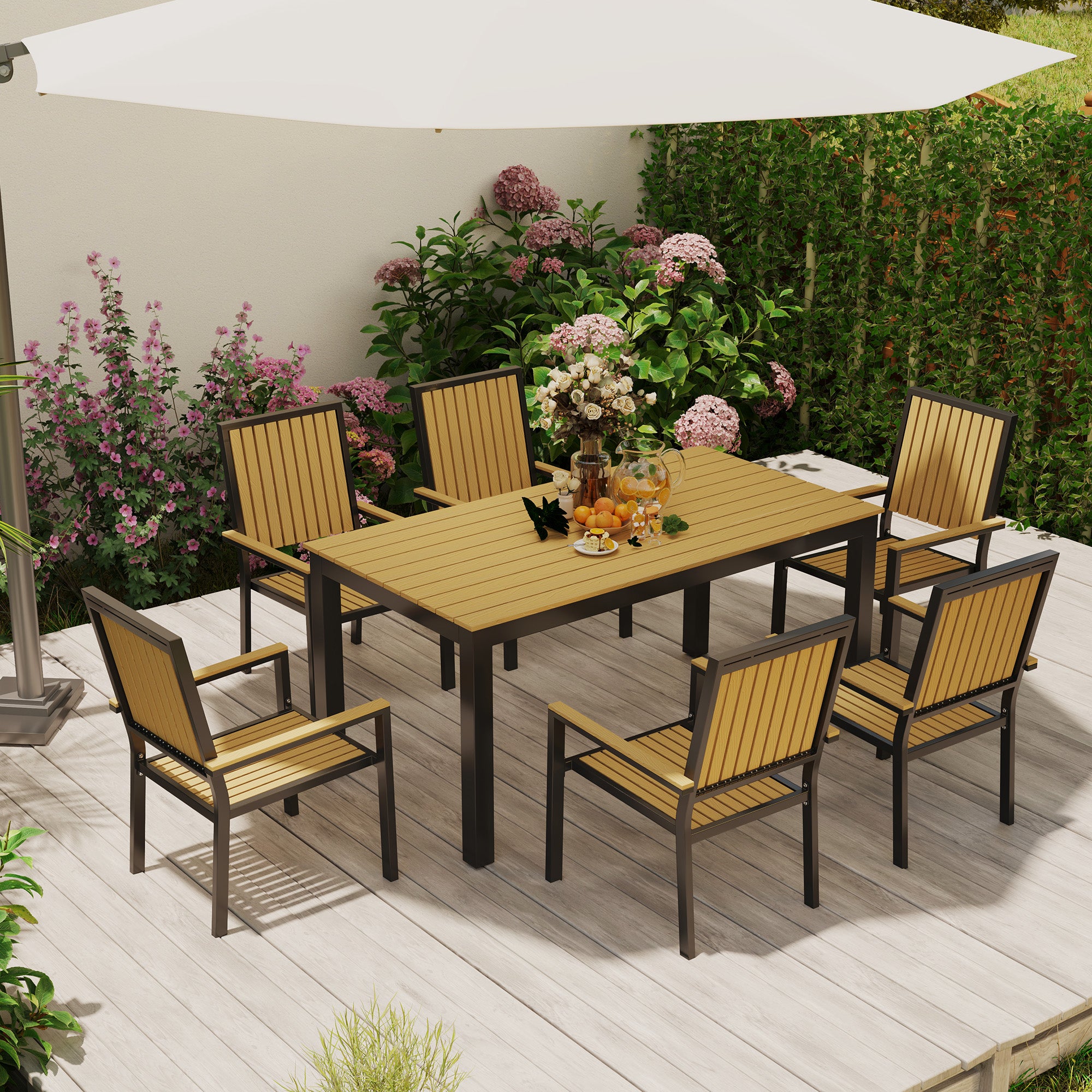 6 Seater Garden Dining Set with Stackable Chairs, Aluminium Frame, Rectangular Plastic Top, Garden Furniture Set, Outdoor Dining Table and Chairs for Patio, Balcony, Poolside, Nature Wood