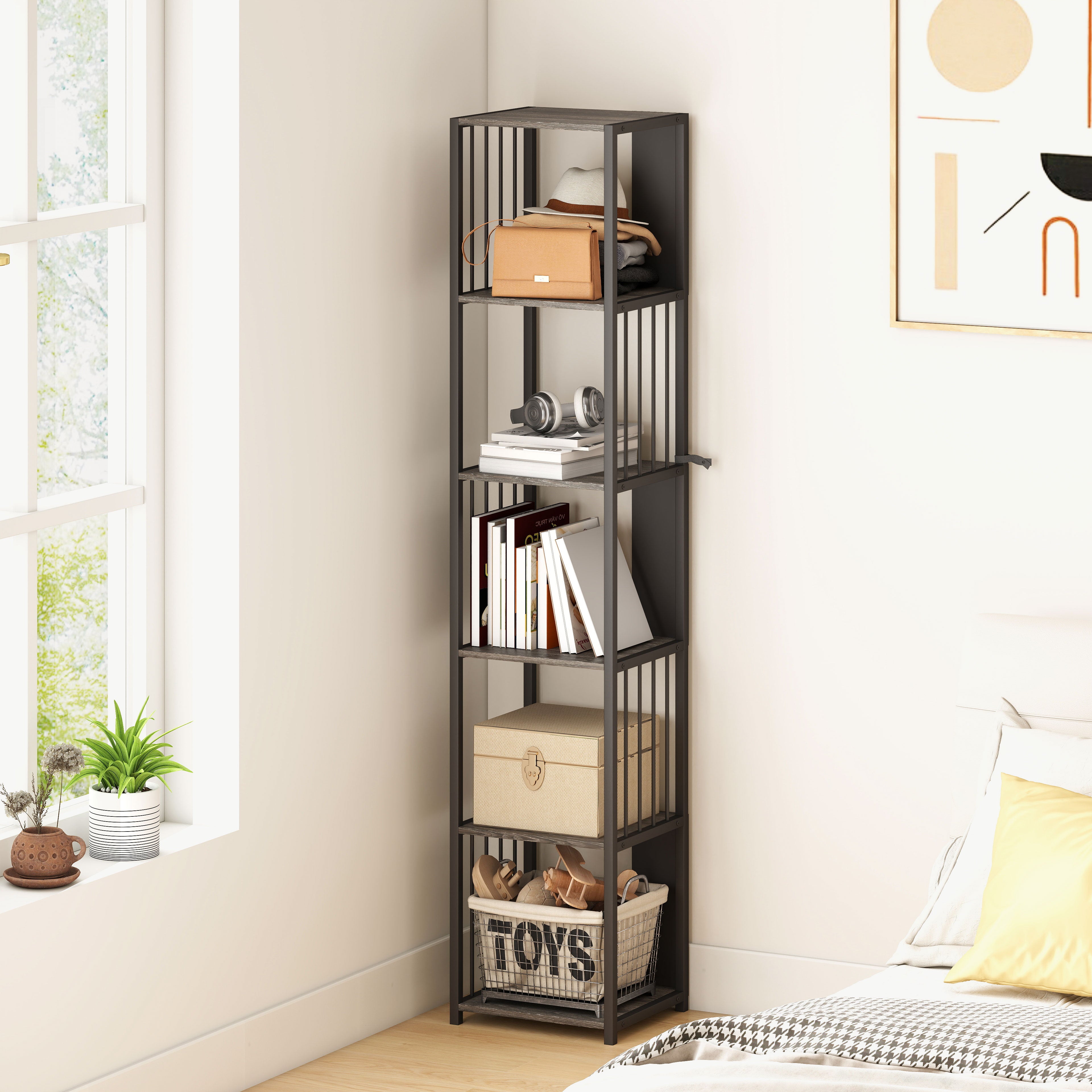 Fynco - 5-Tier Bookshelf with Steel Frame - Grey