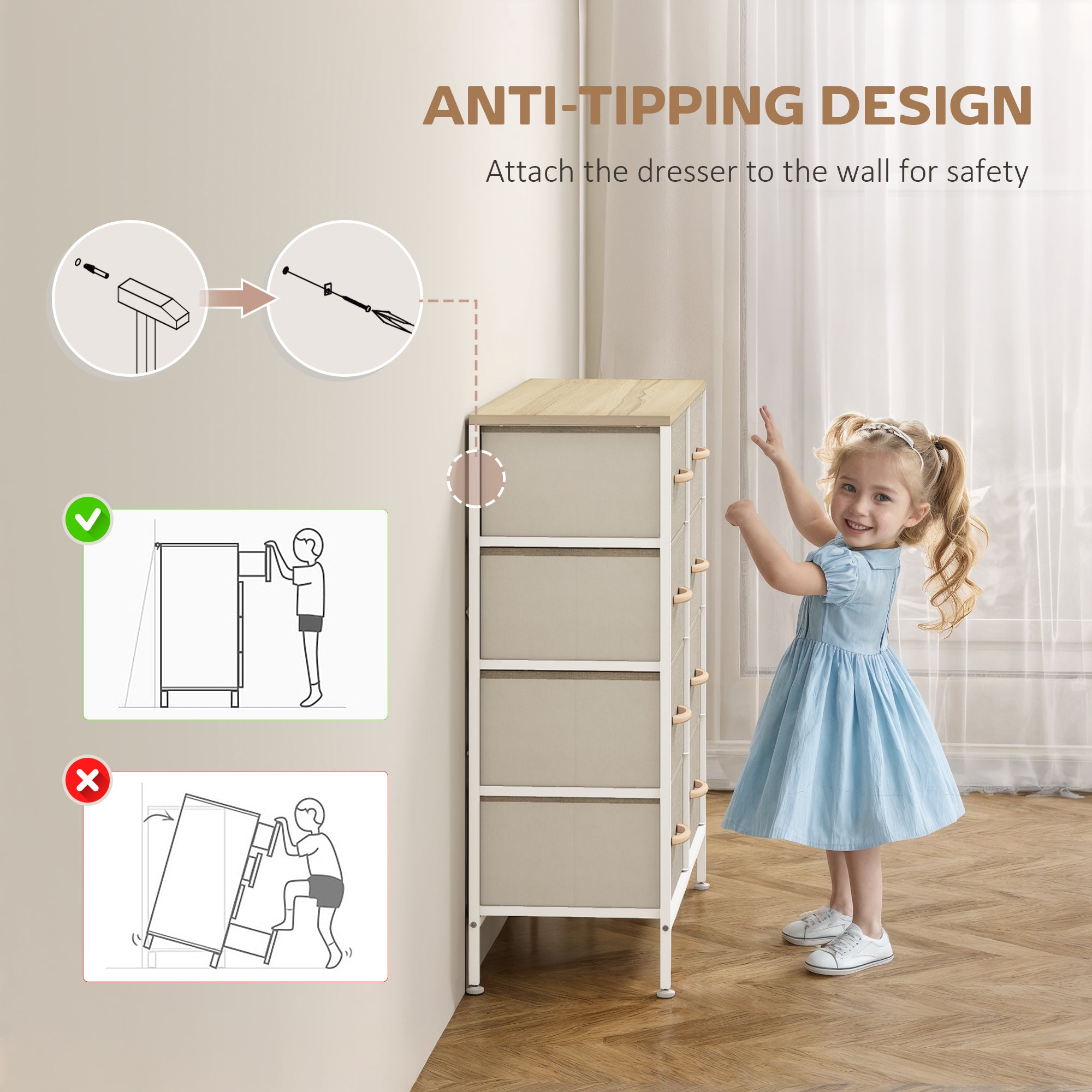 Fabric Chest of Drawers, Industrial Bedroom Dresser with 8 Fabric Drawers, Steel Frame and Wooden Top for Nursery, Living Room, Hallway, Maple Wood-effect