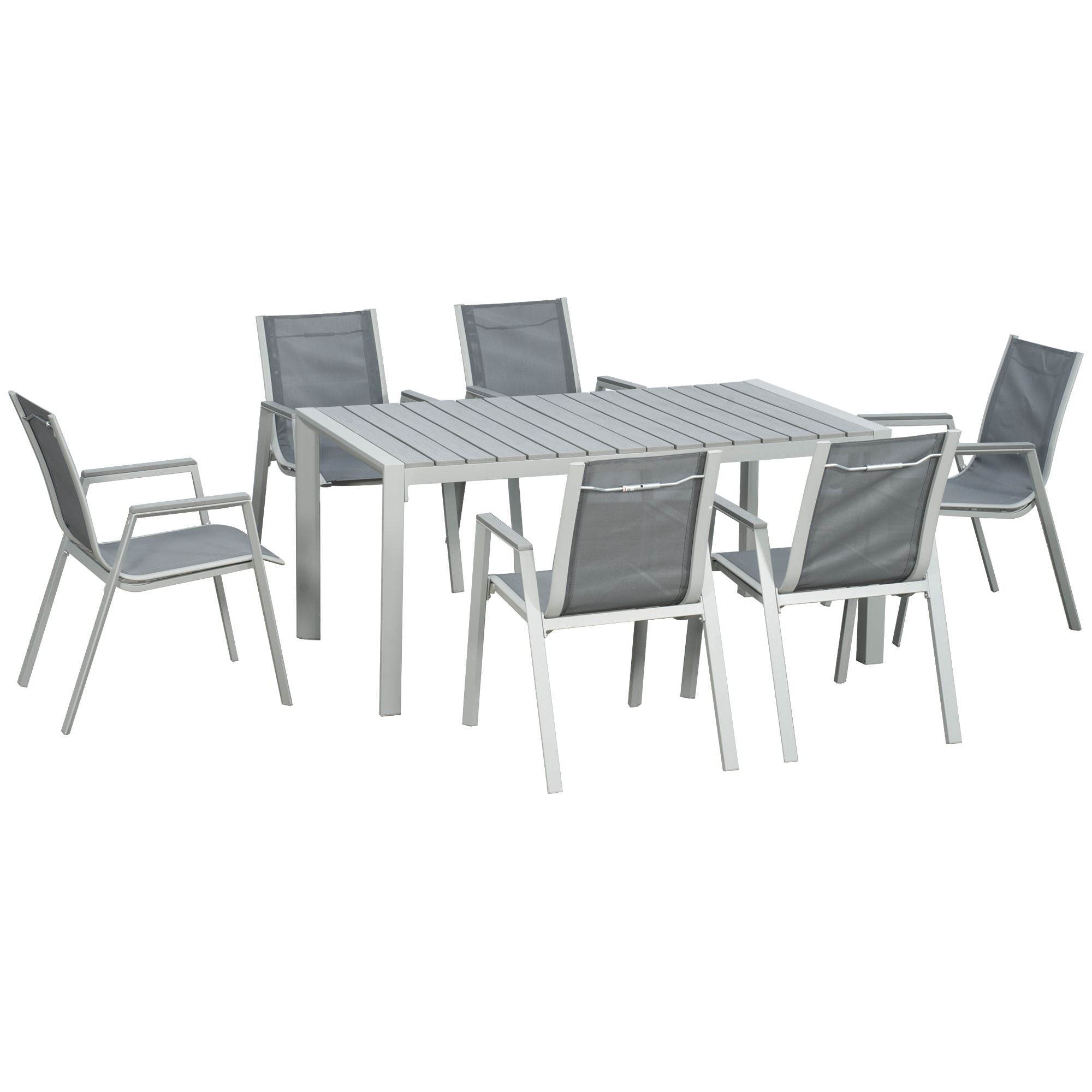 7 Pieces Garden Dining Set, Outdoor Table and 6 Armchairs, Aluminium Frame, Slatted Wood Grain Plastic Top Table, Breathable Mesh Fabric Seats and Backrest, Light Grey