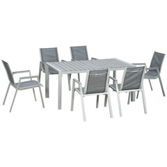 7 Pieces Garden Dining Set, Outdoor Table and 6 Armchairs, Aluminium Frame, Slatted Wood Grain Plastic Top Table, Breathable Mesh Fabric Seats and Backrest, Light Grey