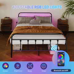 Double Bed Frame with LED Lights and Charging Station, Metal Platform Bed Frame with Under Bed Storage, Black