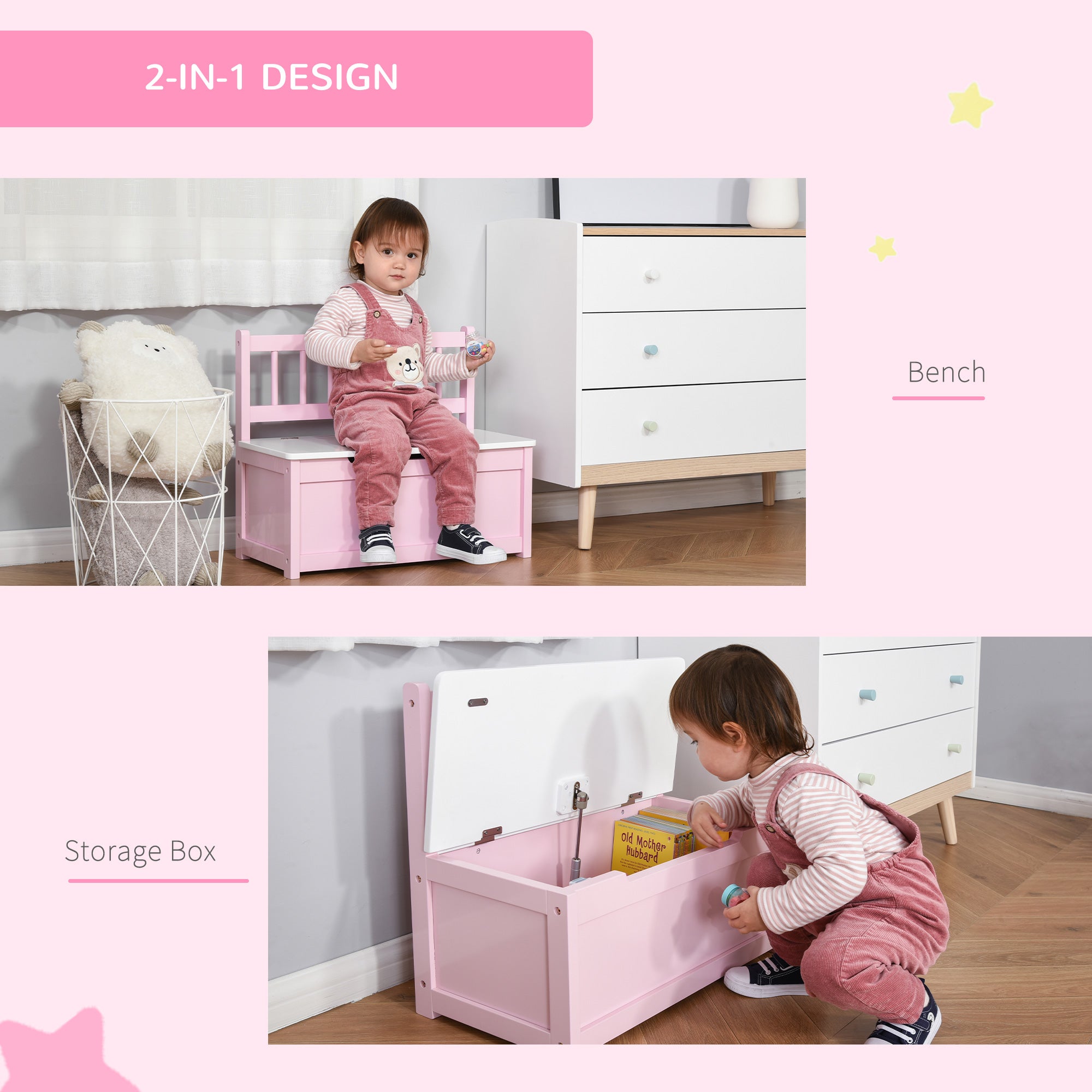 2 In 1 Wooden Toy Box, Seat Storage Bench, Storage Chest Cabinet Organiser with Safety Pneumatic Rod, Pink
