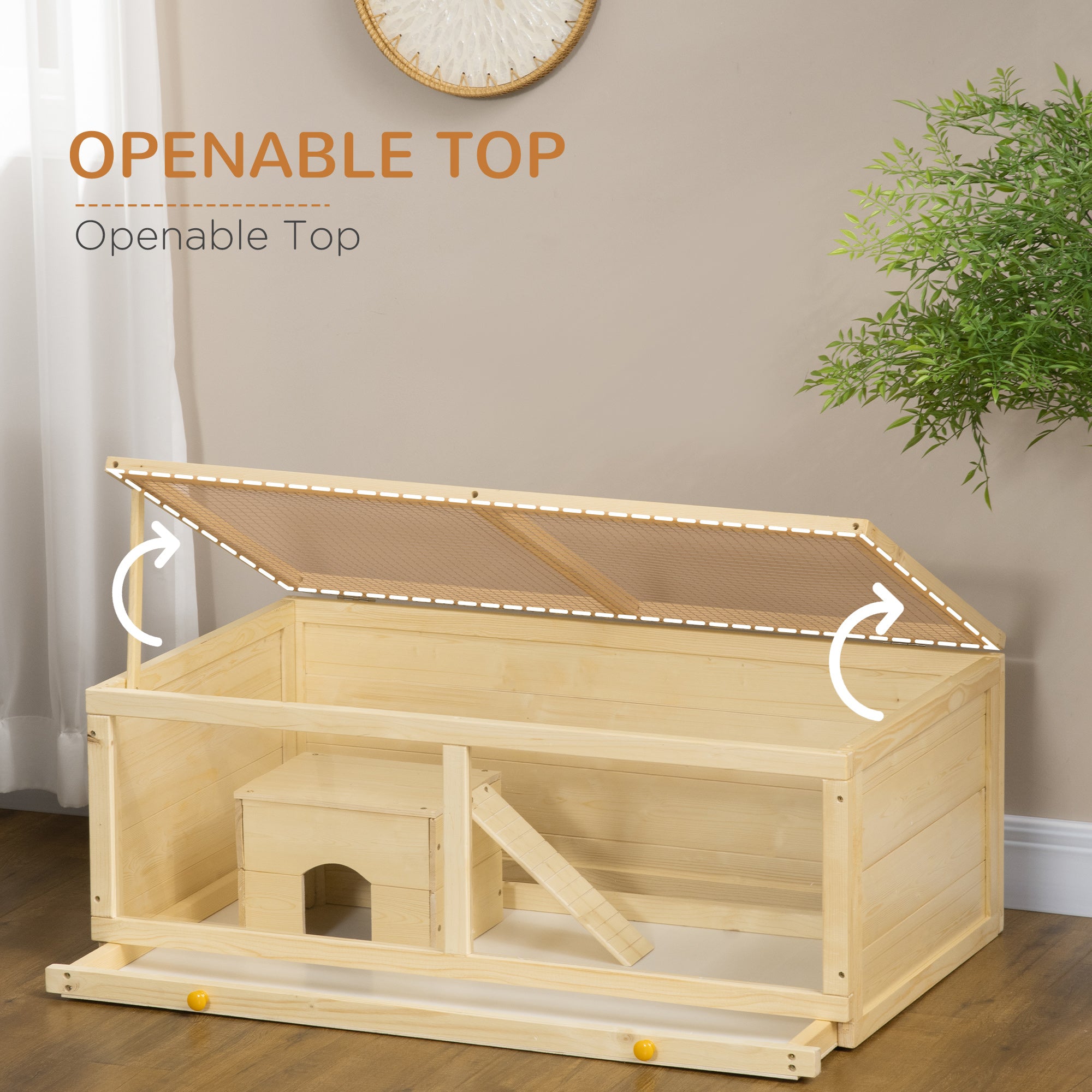 Wooden Hamster Cage with Sliding Tray, Openable Top, Hut for Syrian Hamster, Natural Wood Finish
