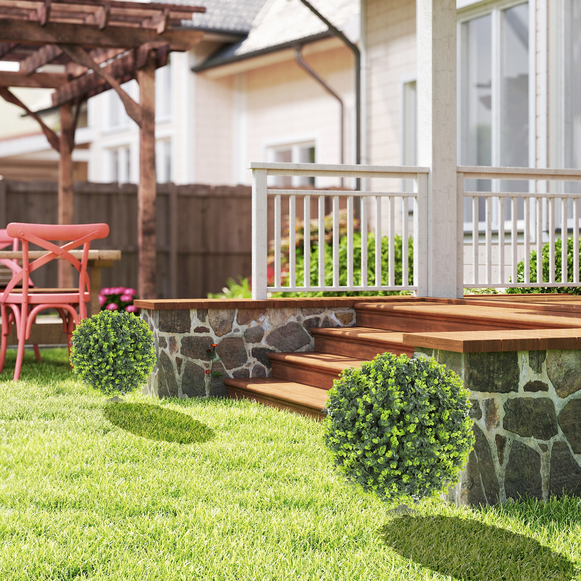 Fynco - Set of 2 40 cm Artificial Boxwood Topiary Ball Bush with Integrated Ground Stake, Indoor Outdoor UV Resistant Faux Greenery, Faux Plants for Garden, Porch, Balcony