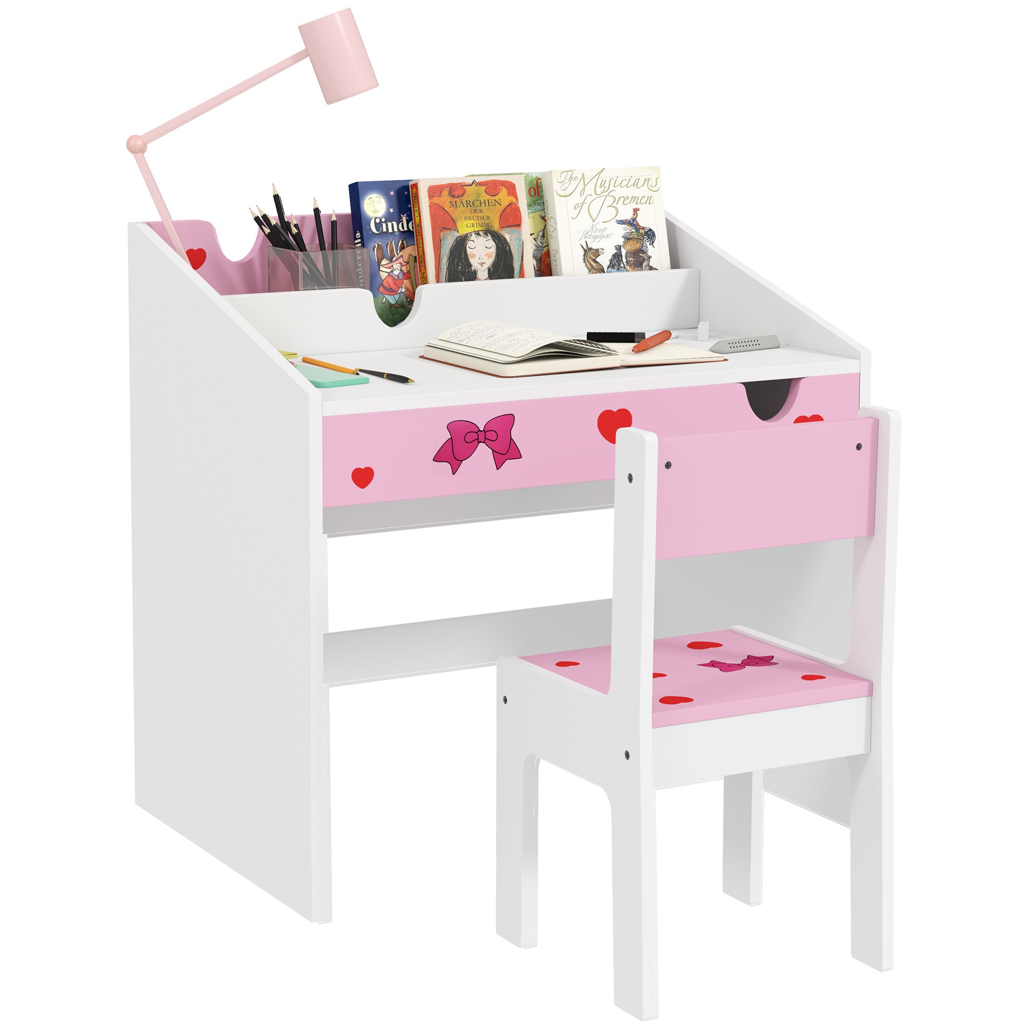 AIYAPLAY Children Study Table and Chair, Kids Desk and Chair Set with Storage, Pull-Out Drawer, for Ages 3-6 Years, Pink