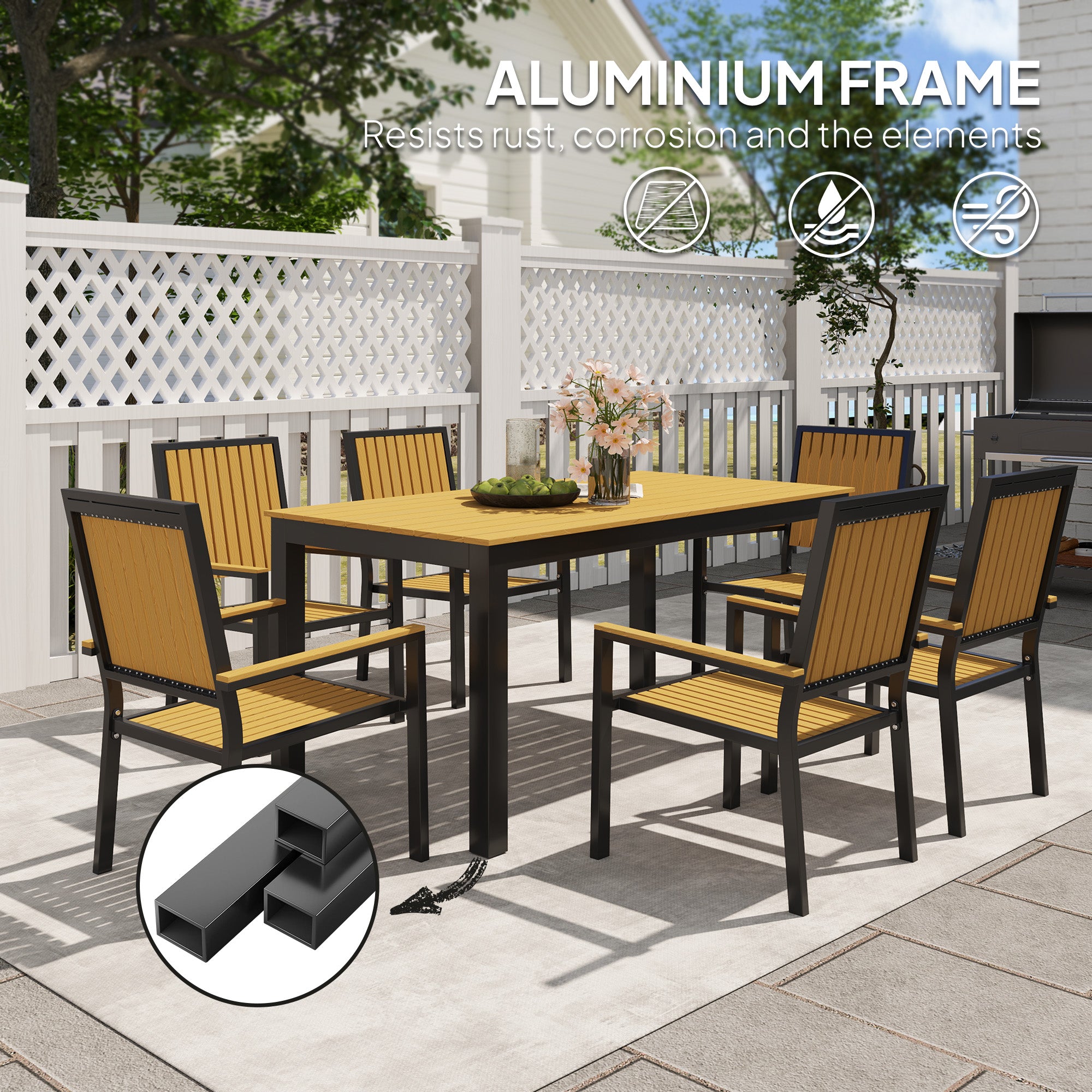 6 Seater Garden Dining Set with Stackable Chairs, Aluminium Frame, Rectangular Plastic Top, Garden Furniture Set, Outdoor Dining Table and Chairs for Patio, Balcony, Poolside, Nature Wood