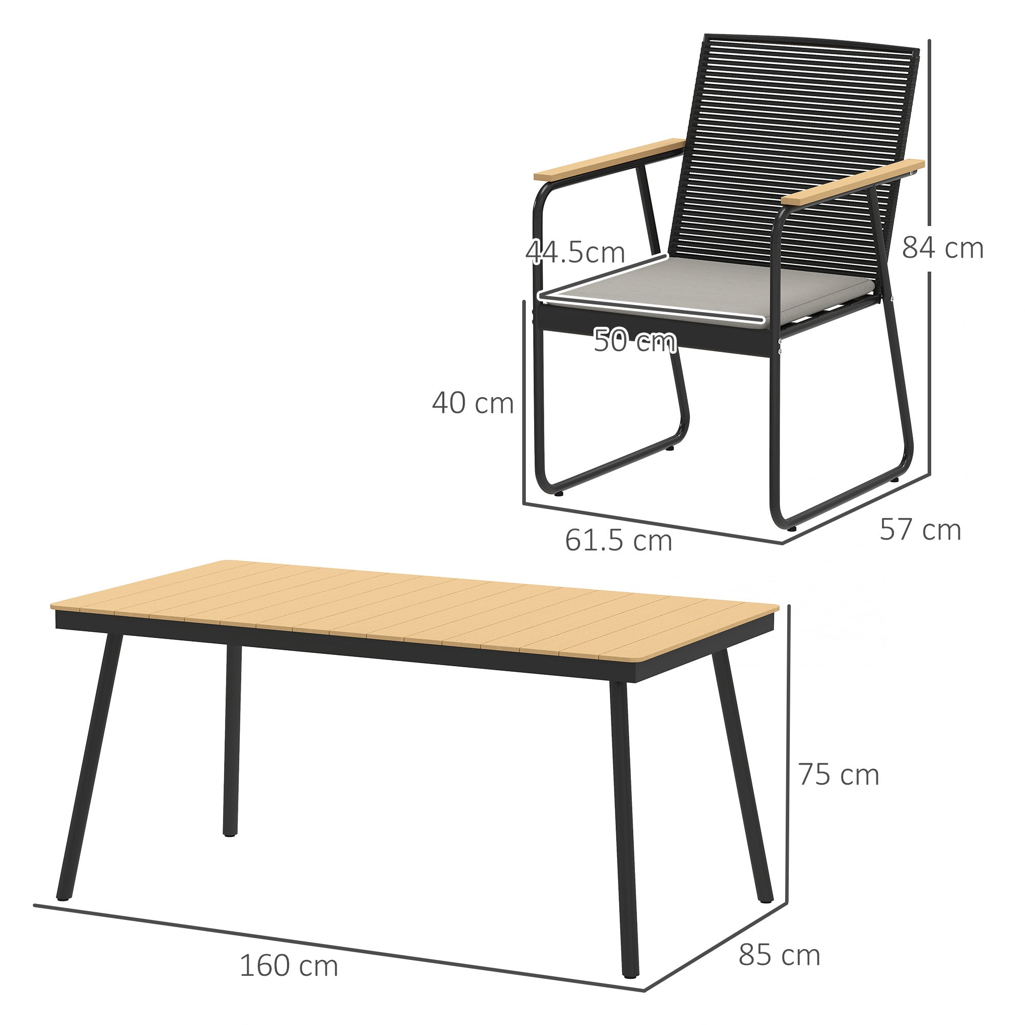 6 Seater Garden Dining Set with Soft Cushions, Rattan Backrest, Rectangular Plastic Top, Garden Furniture Set, Outdoor Dining Table and Chairs for Patio, Balcony, Poolside, Nature Wood Finish