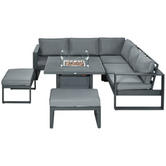 6-Piece Aluminium Garden Furniture Set with Fire Pit Table, Outdoor Dining Sofa Set with Cushions, Loveseats and Footstools, Sectional Corner Conservatory Furniture for Patio, Grey