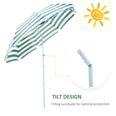 1.8m Beach Parasol Umbrella with Tilt Canopy, Lightweight Patio Garden Sunshade with 8 Ribs, Green & White Stripe