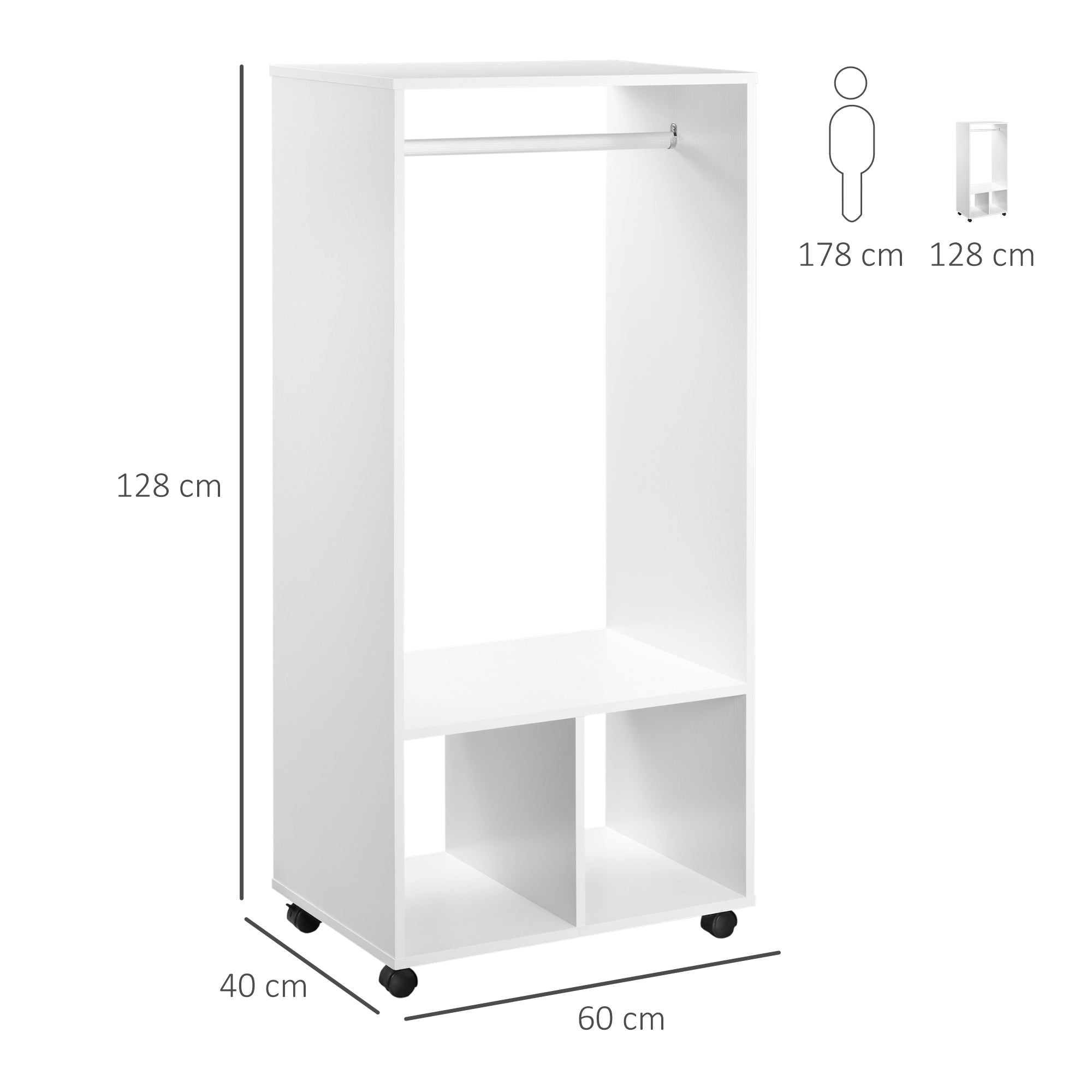 Open Wardrobe on Wheels, Bedroom Wardrobe with Clothes Hanging Rail, 2 Storage Shelves, Mobile Garment Rack for Cloakroom, Hallway, White