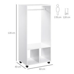 Open Wardrobe on Wheels, Bedroom Wardrobe with Clothes Hanging Rail, 2 Storage Shelves, Mobile Garment Rack for Cloakroom, Hallway, White