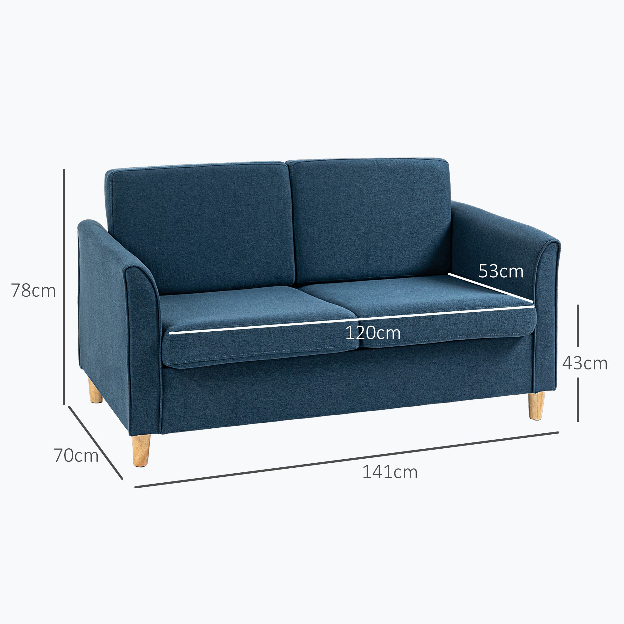 Compact Loveseat Sofa, Modern 2 Seater Sofa for Living Room with Wood Legs and Armrests, Blue