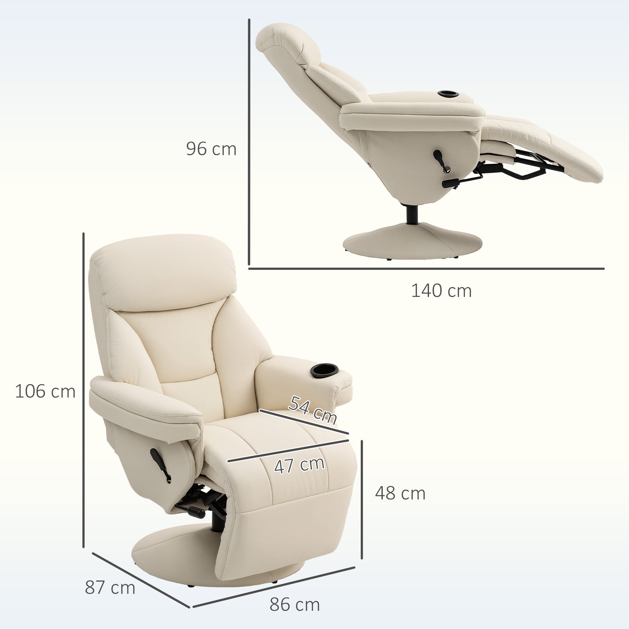 Fynco - Manual Recliner Chair with Footrest, Upholstered Reclining Armchair with Adjustable Backrest and Cup Holder, PU Leather Swivel Chair for Living Room, Bedroom, Cream White