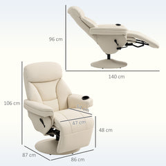 Fynco - Manual Recliner Chair with Footrest, Upholstered Reclining Armchair with Adjustable Backrest and Cup Holder, PU Leather Swivel Chair for Living Room, Bedroom, Cream White