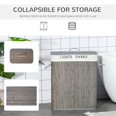 100L Laundry Basket with Lid String Handles, 2 Section Collapsible Hamper Removable Lining Foldable Water-Resistant Dirty Clothes Storage, Grey