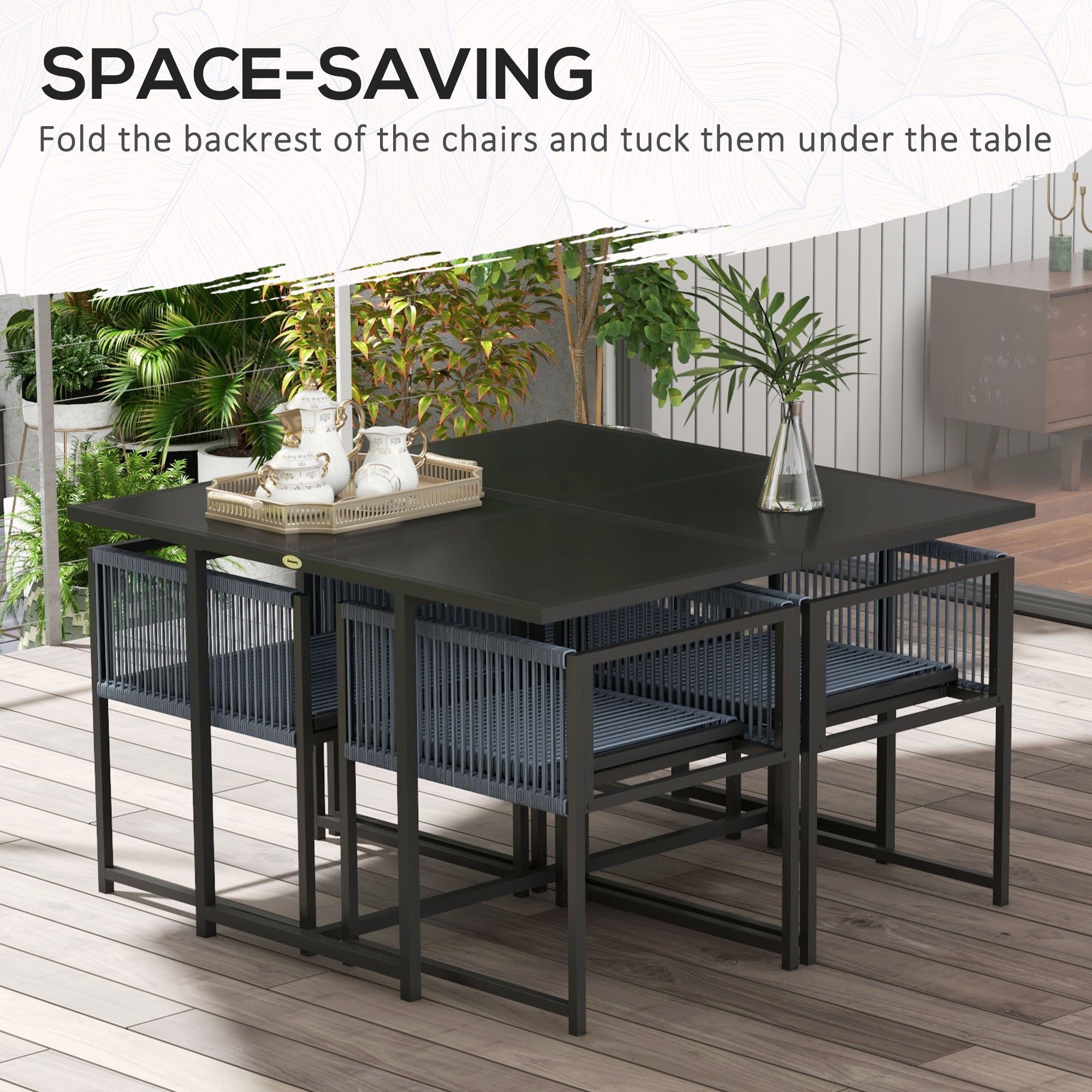 Five-Piece Metal Dining Set, with Folding Back Chairs, Dark Grey